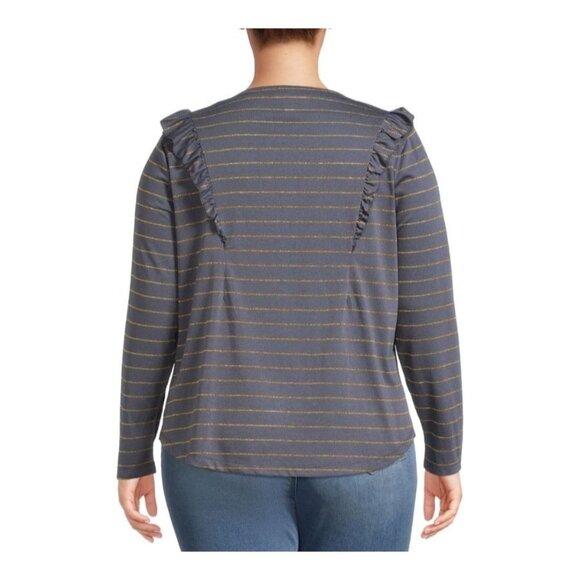 Terra & Sky 3X Long-Sleeve Blue Top With Gold Stripes Ruffle Accents - Picture 6 of 9